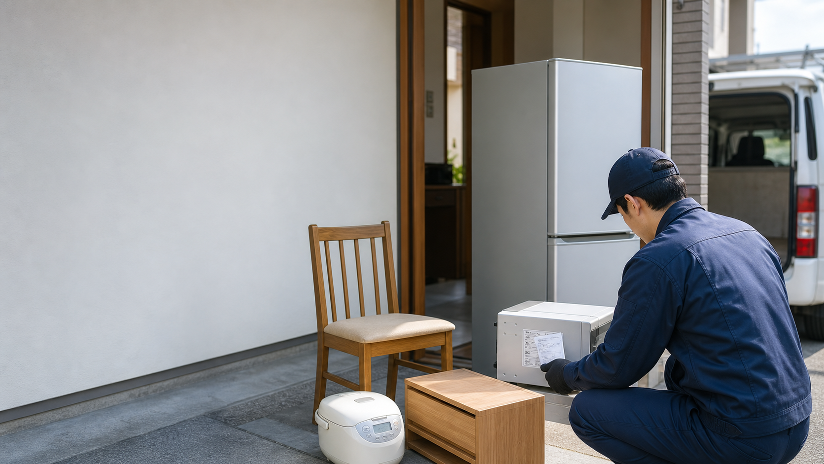 住宅前で家電の回収準備をするスタッフ